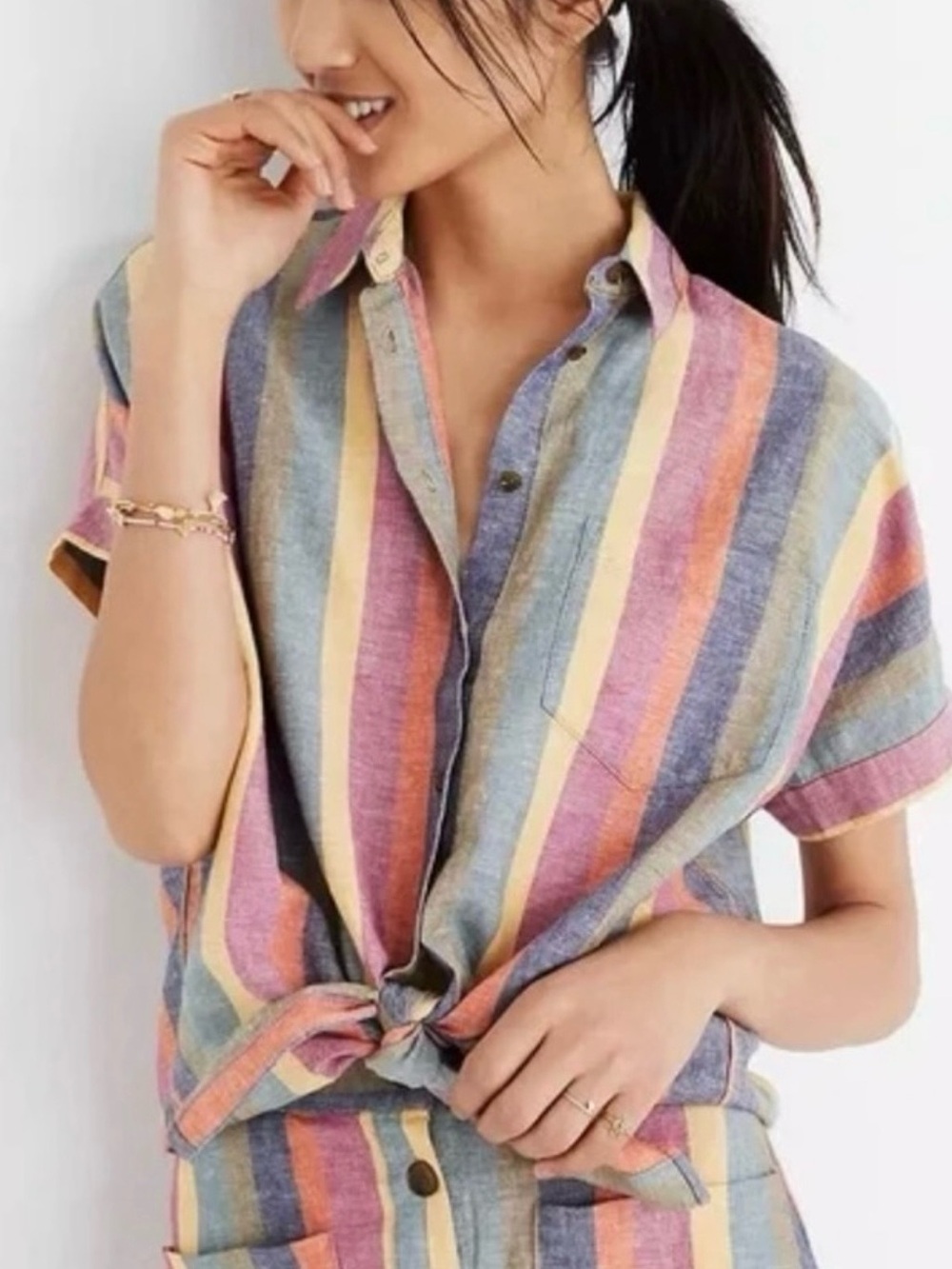 Madewell Short-Sleeve Striped Button-Down in Blue, Purple & Yellow